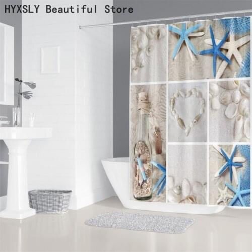 Shower Curtain Shell Starfish Pattern Polyester Waterproof Fadeless Fabric Screen with Hook Bathroom Decor Fantasy Home Textiles