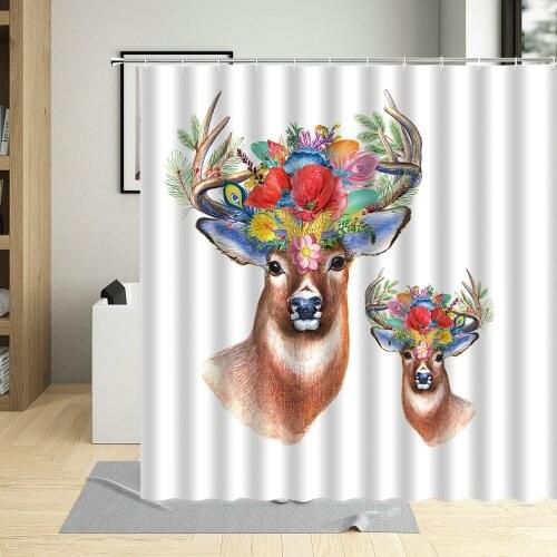 Nordic Style Animal Theme Shower Curtain Forest Colorful Flower Deer Elk Wildlife Printing Bathroom Decor Screens Bath Curtains
