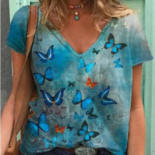Vintage Floral Butterfly Printed T-shirt Women Summer Short Sleeve V-neck Tops Female Fashion Loose Oversized All-match Tees