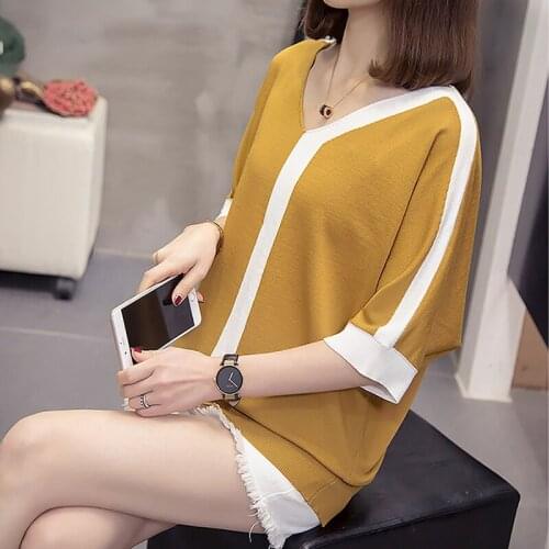 Plus Size Short Sleeve Pullovers Knit T Shirt Women Clothing 2021 Summer New V-Neck Loose Patchwork Knitwear Female Tops 3XL