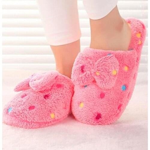 Women Winter Plush Slippers Knot Dot Printed Non-slip Keep Warm Fashion New Female Indoor Flat Shoes