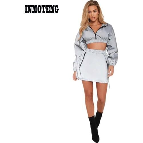 Women Reflective Tracksuit Zipper Long Sleeve Hooded Sweatshirts Crop Top Pockets Mini Skirt Night Version 2 Piece Set Outfits