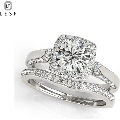 LESF Solid 925 Sterling Silver Halo Engagement Ring Set Classic 1 CT Round Cut Sona Simulated Diamond Wedding Jewelry For Women