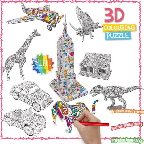 3D Graffiti Puzzle Painting Paper Blank Coloring Animal Model Set Creative DIY Handcraft Educational Toys Gift For Children Kids