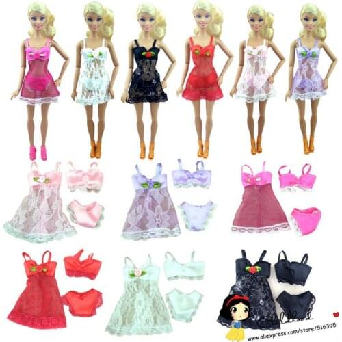 Free shipping 6sets lace Sexy Pajamas set Lingerie Nightwear Lace Night Dress + Bra + Underwear bikini For Barbie Doll gift set
