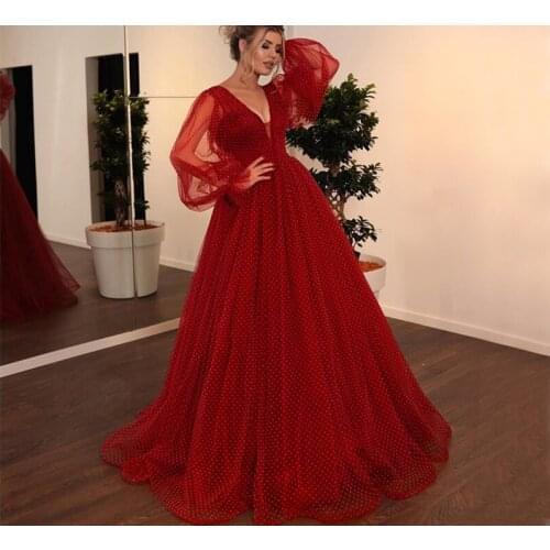 Burgundy Ball Gown Prom Dresses V Neck Long Puffy Sleeves Formal Evening Party Dress vestidos de gala
