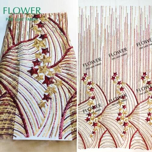 Burgundy Stars Sequined Embroidered Mesh Tulle Lace Fabric High Quality African Sequins Net Lace Wedding Bride Dresses Net Laces