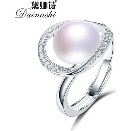 Dainashi Luxury 925 Sterling Silver Hollow Flower Zircon Crystal Adjustable Ring Freshwater Cultured Pearl Ring Party Gift
