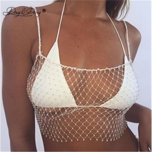 DAVYDAISY Women Hot Rhinestone Mesh Cropped Tank Cover Up Bikini See Through Diamonds Net Club Crop Top Sexy Lingerie TA053