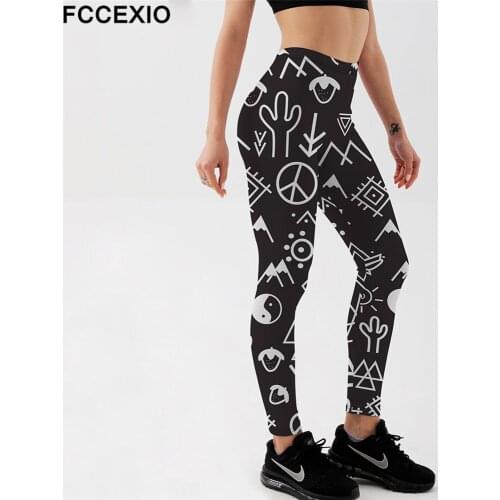 FCCEXIO New Summer Style Women Leggings Mix Cute Pattern Printed Leggings Black White Design Leggings Workout Fitness Leggings