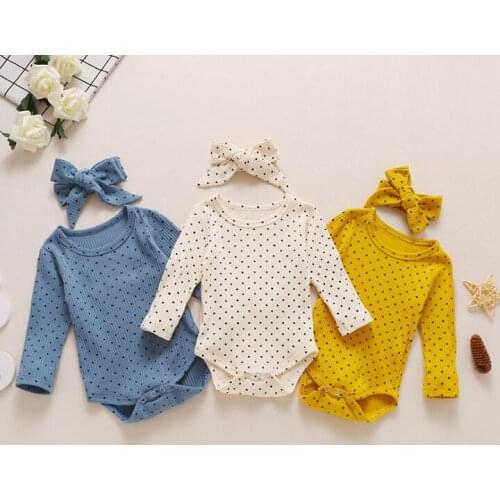 2PCS Set Toddler Infant Girls Clothes Polka Dot Ribbed Long Sleeve Romper+Headband Kids Baby Girls Outfits Sleepwear