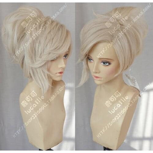 Game OW Angela Mercy Short Linen Blonde Ponytail Heat Resistant Cosplay Costume Wig