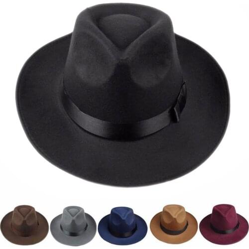 1Pc Mens Caps Sun Visor Women Hard Felt Wide Brim Fedora Panama Hat Vintage Formal Cap Bow Decor Spring Autumn 8 Colors