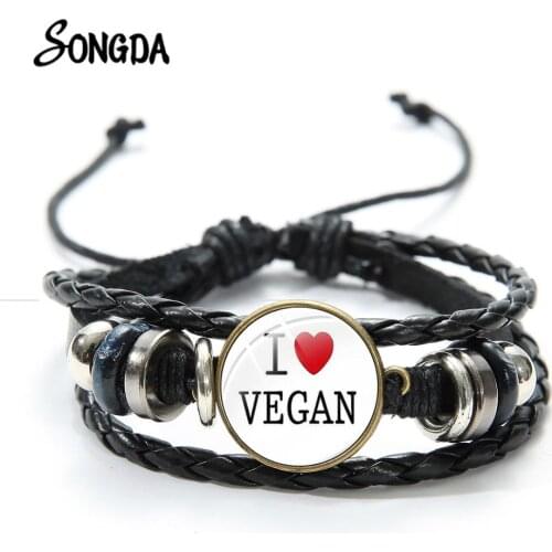 Latest I Love Vegan Vegetarian Bracelet Green Food Habit Style Handcraft Multilayer Leather Bracelets Men Women Wristband