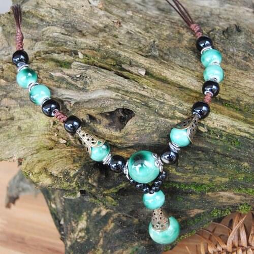 Fashion Ethnic Style Ceramic Necklace Handmade Porcelain Beads Wax Rope Sweater Necklace For Women Girls Gift