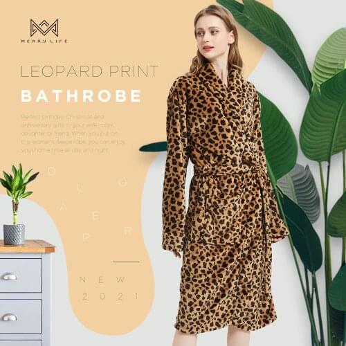 Merrylife Night Dress Women Bathrobe Cotton Robe Womens Winter Leopard Zebra Pattern Plush Shawl Long Sleeved Robe Coat Warm