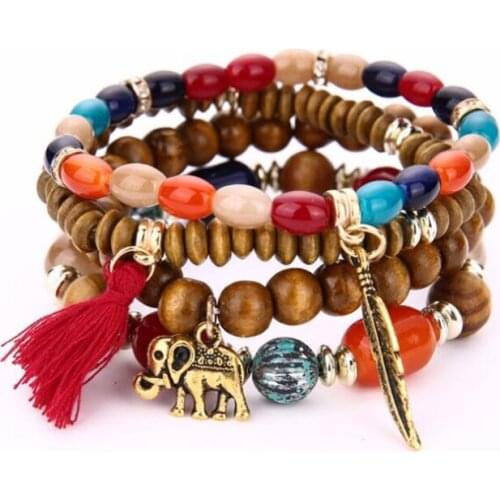 New Wood Charm Bracelet For Women Bracelet Set 4Pcs/Lot Tassel&Elephant&feather Shape Bohemia Bracelets Natural Beads Jewelry