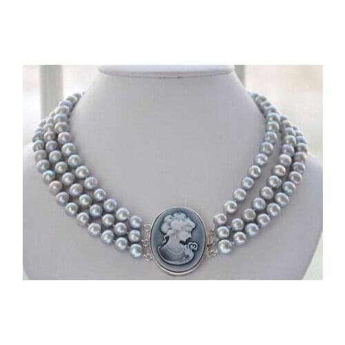 3row GRAY ROUND FRESHWATER 8-9MM PEARL NECKLACE