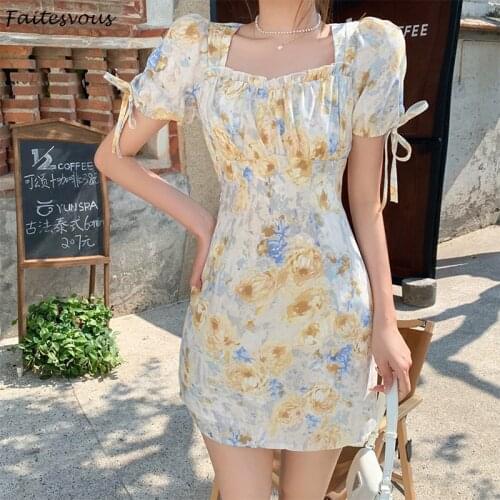 Vintage Gentle Printed Floral Dress Women French High Waist Slim Mini Dress Summer New Short Sleeve Dresses Female