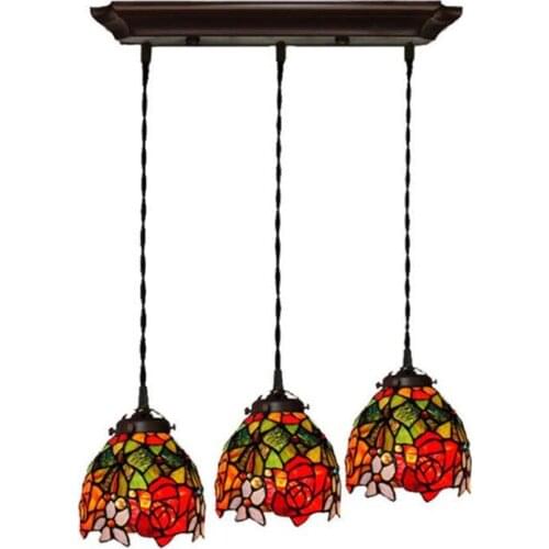 3 Heads Tiffany Colorful Glass Roses Dining Room Bar Suspension for Foyer Apartment Vintage Creative Glass Pendant Light 1101