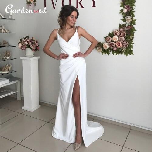 Simple V-neck Wrap Wedding Dress 2020 Beach Spaghetti Strap Backless Bridal Dress Sexy Tight High Split Bride Dress