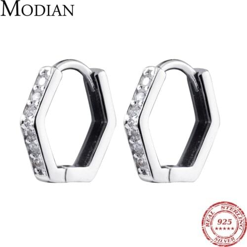 Modian 925 Sterling Silver Hexagon Shape Hoop Earrings for Women Clear CZ Wedding Engagement Jewelry Brand Female Gifts