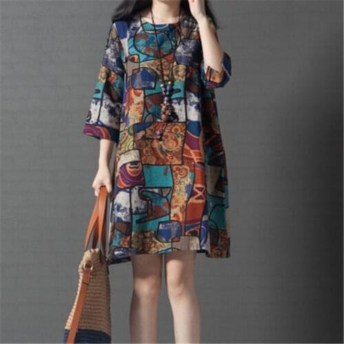 Spring Summer Womens Ethnic style Seven quarter Sleeve Printed Cotton linen Dress With Pockets Loose Plus size Ladies Dress 4XL
