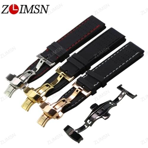 ZLIMSN 22mm Silicone Watchband Butterfly Clasp Double Push Button Buckle Black White Red Stitched Waterproof Rubber Bands