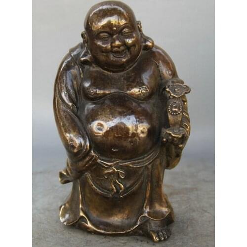 USPS to USA S1971 8" Chinese Buddhism Copper Auspicious Ru Yi Happy Laugh Maitreya Buddha Statue