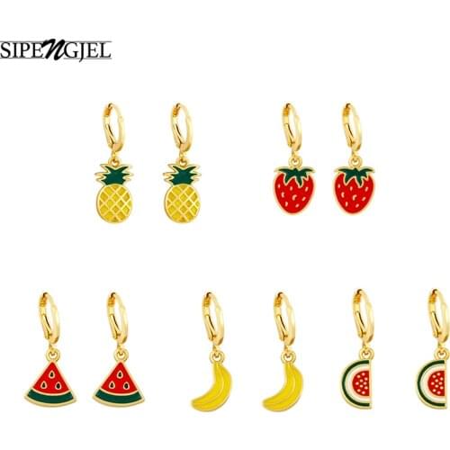 SIPENGJEL Enamel Sweet Fruit Pendant Drop Earrings Cute Charms Cherry Summer Fruits Hoop Earrings For Women Accessories Jewerly