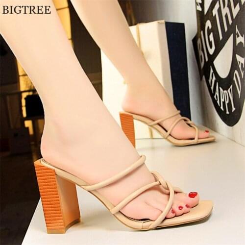 BIGTREE Wood Grain Heel Fashion Womens Slippers Square Toe High Heels Slippers Women Solid PU Sexy Cut-Outs Outdoor Slipper
