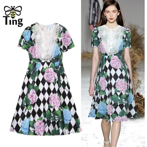 Tingfly Runway Fashion Lace Patchwork Floral Print Knee Length Dress Women Summer Office Style Work Dress Plus Size Vestidos Eam