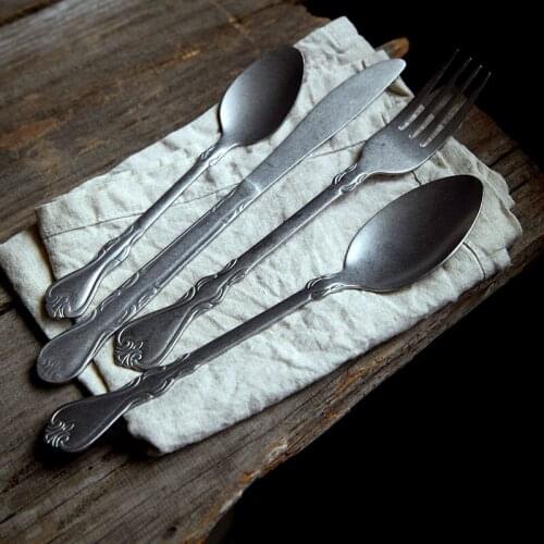 4PCS Dinnerware Set Retro Cutlery 304 Stainless Steel Knife Fork Dessert Spoon Kitchen Tableware Steak Fruit Flatware Silverware