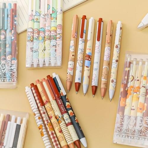 6 Pcs/Box Black Ink 0.5mm Fine Point Cute Cartoon Bear Manual Gel Pens for Writing Student Stationery Supplies Journal Scrapbook