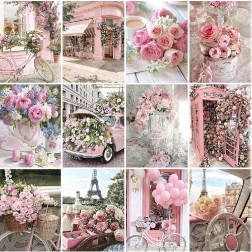 5D DIY Diamond Painting Flower Scenic Cross Stitch Kit Full Drill Pink Embroidery Rose Mosaic Art Picture of Romantic Home Decor