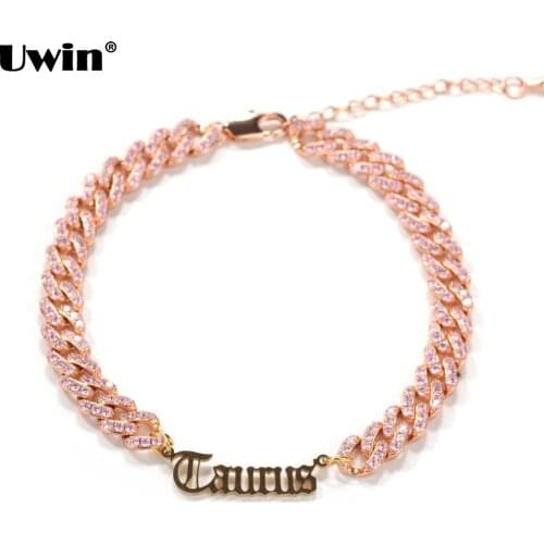 Uwin Iced Out CZ Miami Cuban Chain Anklets with Stainless Steel Constellations Pendants for Women Fashion Jewelry Drop Shipping