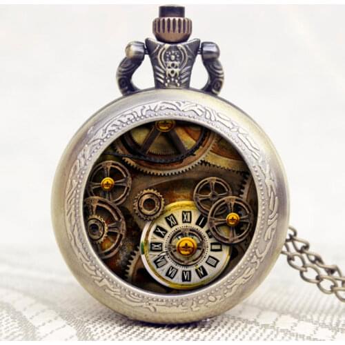 Top Gifts Steampunk Wheel Gear Pendant Pocket Watch Hour Clock Vintage Quartz Analog Round Dial Men Women Necklace Chain Watches