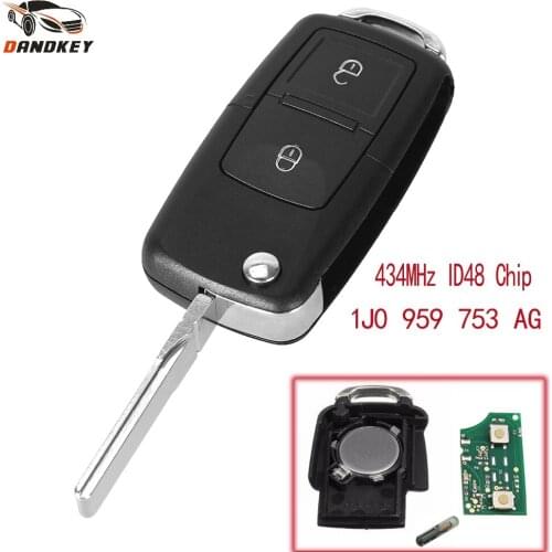 Dandkey 2 Button For VW Volkswagen Beetle Bora Golf Passat Polo 433MHz ID48 Chip 1J0 959 753 AG Flip Smart Remote Key key shell
