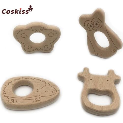 DIY Baby Teether Toys Organic Natural Beech Wooden Cattle-Eagle-Butterfree-Erinaceus Hand Cut Toys Baby Wooden Teether Gift