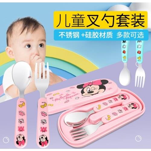 Disney Baby Frozen Tableware Stainless Steel Fork Spoon Set Infant Tableware Childrens Princess Mickey Fork Spoon
