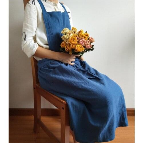 Literary retro long cotton linen apron Korean home baking floral painting coffee shop overalls princess dress