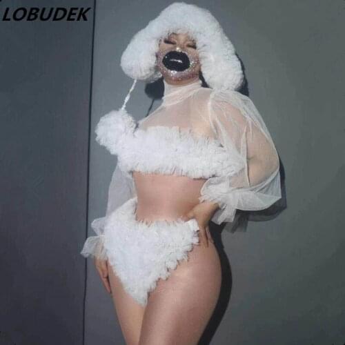 Women Nightclub Bar DJ Dancer Team Stage Outfit Red White Mesh Bikini Cap Set Festival Rave Party Show Performance Dance Costume