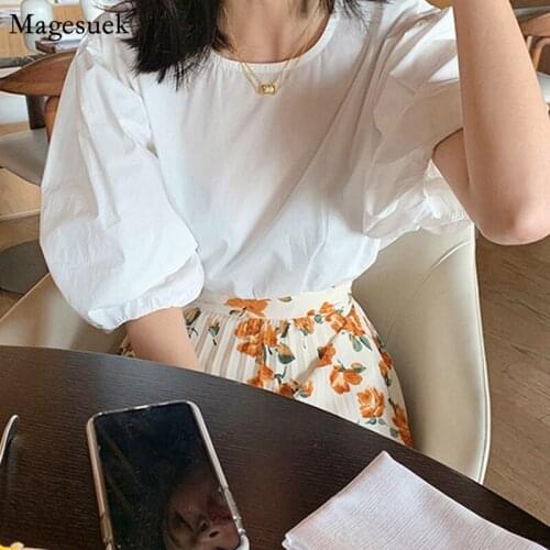 Summer Puff Short Sleeve White Womens Shirt Korean Elegant Loose Fashion Women Blouses 2021 Vintage O Neck Plus Size Tops 14549