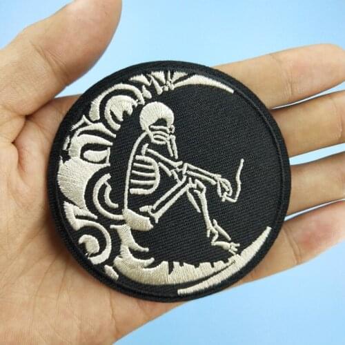 Smoking Human Skeleton (Size:7.1x7.1cm) DIY Punk Skull Embroidery Iron on Patches for Clothes Jacket Coat Sticker Accessory