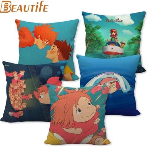 Custom Ponyo On The Cliff By The Sea Anime Pillowcase 45X45cm Wedding Decorative Eco-Friendly Cotton Linen Fabric Pillow Case