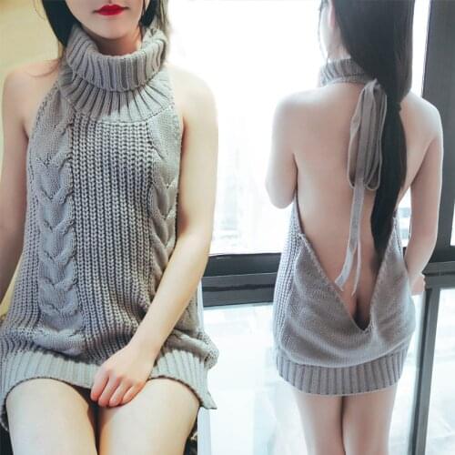 2018 Summer New Turtleneck Sleeveless Long Virgin Killer Sweater Japanes Knitted Sexy backless Women Sweaters And Pullovers