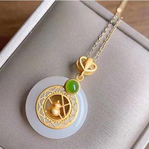 New silver inlaid natural Hetian white jade gourd Pendant Necklace with Chinese unique ancient gold craft womens brand jewelry