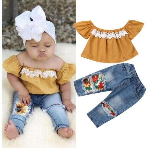 1-5Y Fashion Summer Kids Baby Girl Clothes Sets Off Shoulder Lace T-shirts Floral Holes Denim Pencil Pants 2Pcs Girl Outfits