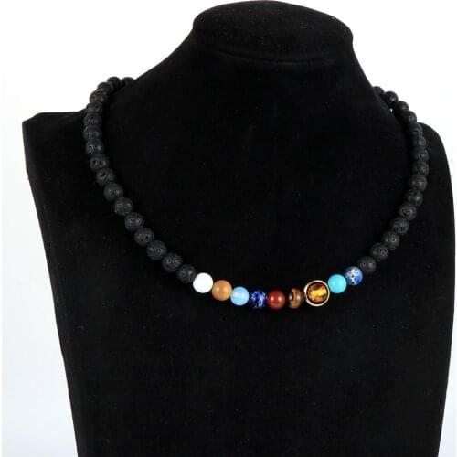 Unisex Men Women Galaxy Planet Necklace 18"/20" Natural Stone Beaded Short Choker Necklace Men Rosary Jewelry