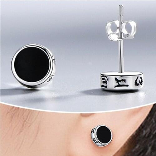 Personalized Male Pious Prajna Heart Sutra Silver Earrings Men Jewelry Temperament Six-Character Mantra Mystery Earring Lady